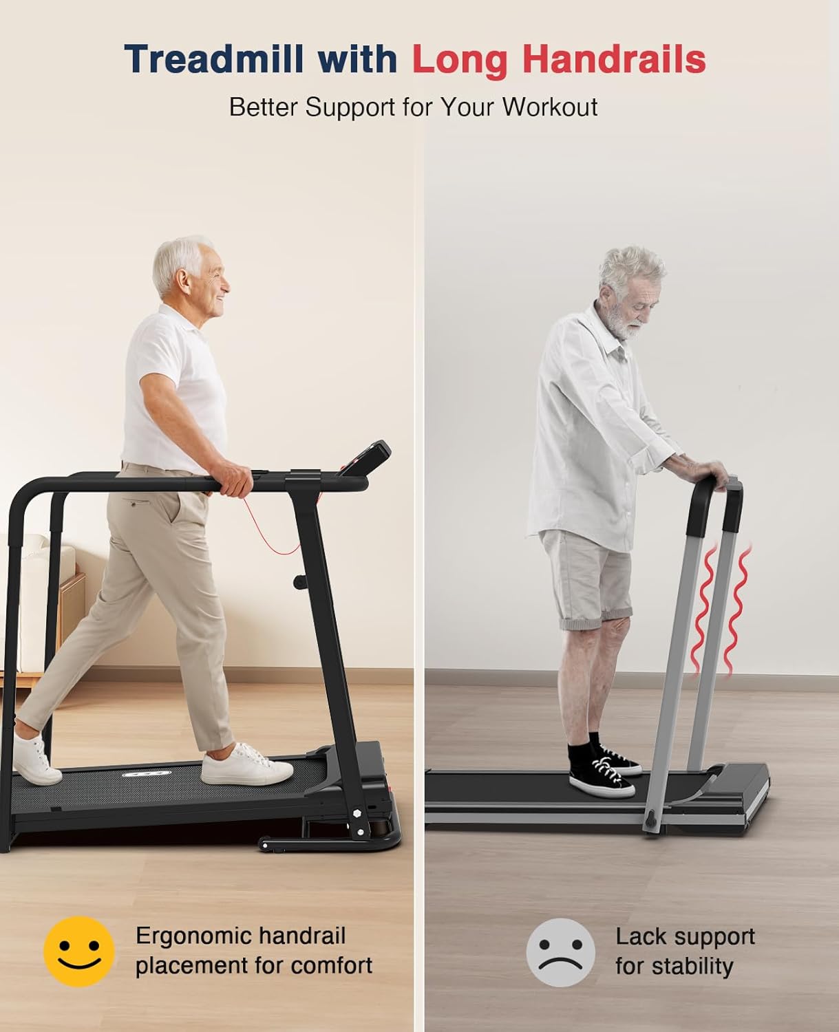 Redliro Treadmill for Seniors with Long Handrails - 300 lbs Capacity Walking Treadmill for Elderly with Cup Holder - Recovery Machine for Home Use with Clear, Non-Scrolling Display (Black) - Image 2