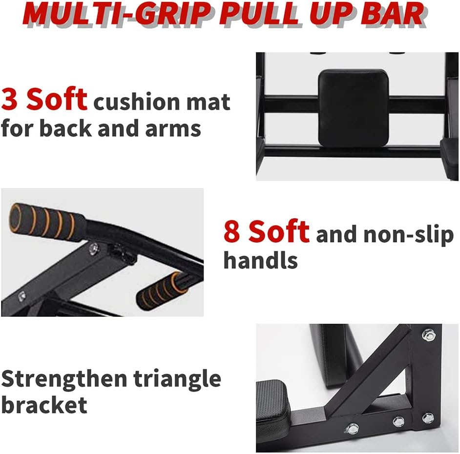 ptlsy Wall Mounted Pull Up Bar Multifunctional with Multi-grip Chin Up Bar Heavy Duty Dip Station for Home Gym Indoor Workout, Fitness Equipment, Dip Stand Supports to 440 Lbs - Image 5