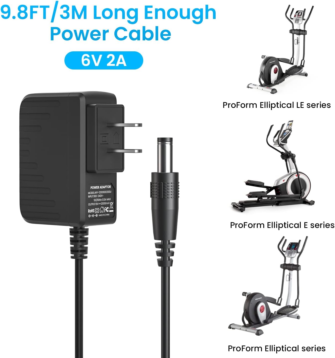 6V 2A Power Supply Adapter for ProForm Elliptical Smart Strider 480 490 500 600 LE, 390 395 475 510 E, 510EX, 400 700 Cardio Cross Trainer Exercise Bike Replacement Charger Cord (9.8 ft) - Image 3