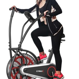 GYMAX Fan Bike, Air Resistance Upright Bike with LCD Monitor, Phone Holder & Built-in Wheels, Fully Adjustable Stationary Exercise Bike for Home Gym Cardio Training Workout Fitness