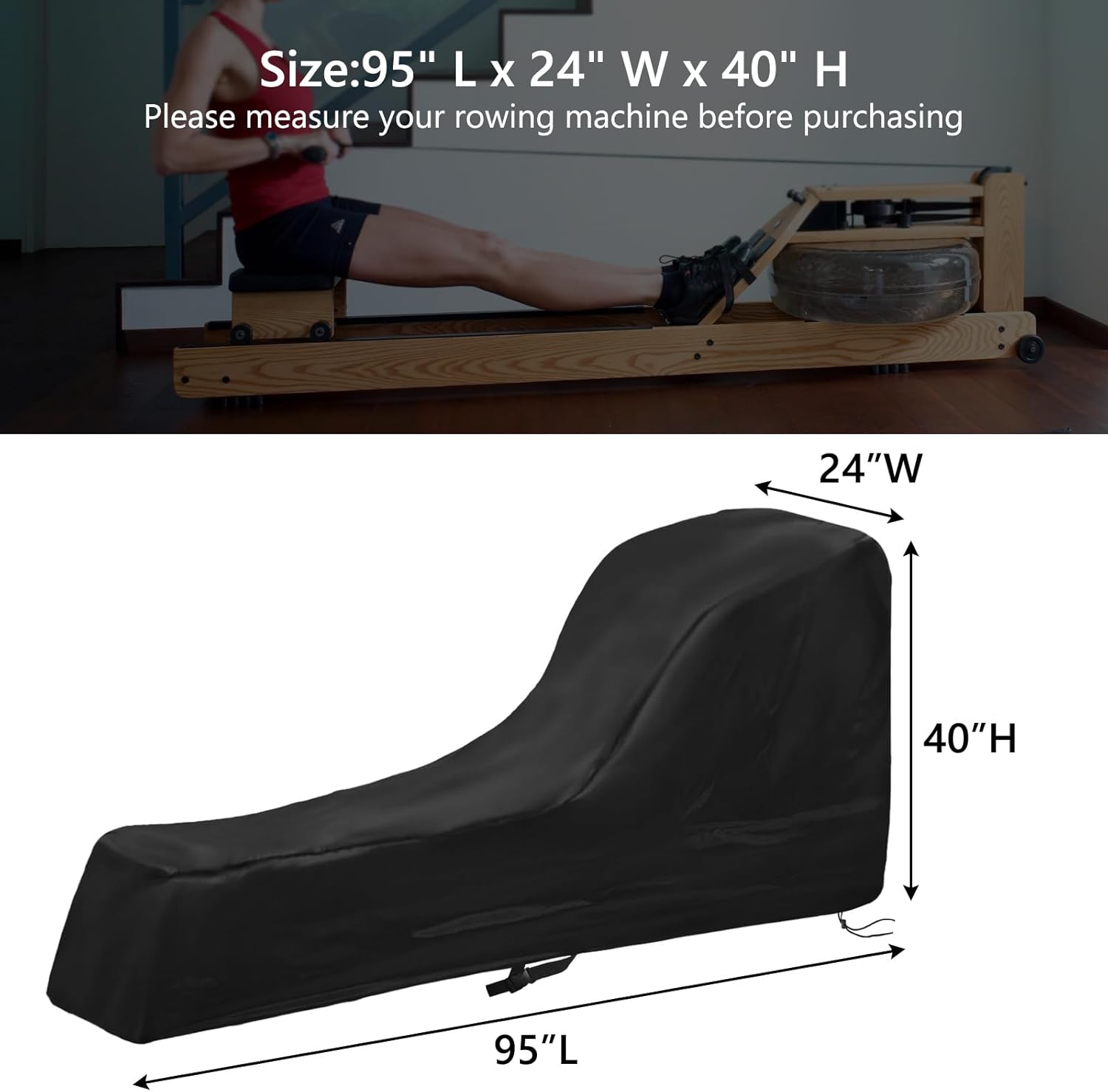 Rowing Machine Cover Concept 2 Rower Accessories Waterproof Dustproof Fitness Equipment Cover Fit for Concept 2 Rowing Machine 95" L x 24" W x 40" H Black - Image 2