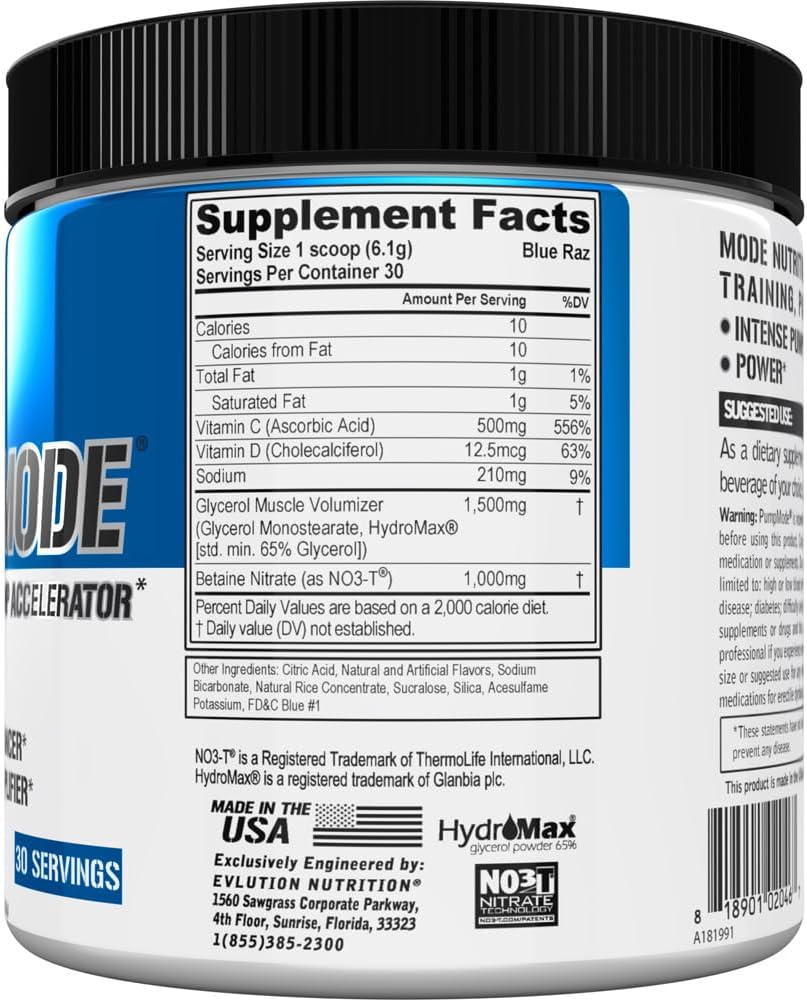 EVL PumpMode Nitric Oxide Supplement - Nitric Oxide Booster Pump Pre Workout Powder with Glycerol and Betaine for Muscle Recovery Growth and Endurance - Stim Free Pre Workout Drink (Blue Raz) - Image 2