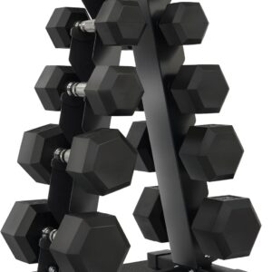 Rubber Coated Hex Dumbbell Weight Set and Storage Rack, 100LB Set or 150LB Set, 5-20 lbs Pairs or 5-25 lbs Pairs