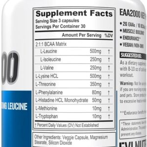 Evlution Nutrition EAA2000 – Pre & Post Workout Capsules – Muscle Building + Recovery Supplement – 2g Essential Amino Acids + 1g BCAAs – Endurance + Energy Support – 30 Servings