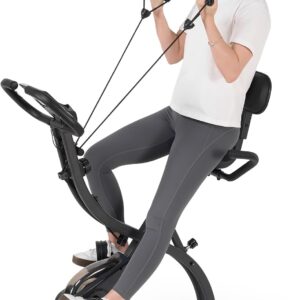 Folding Exercise Bike Stationary Bike Recumbent Exercise bike with 10 Level Adjustable Magentic Resistance and Arm Resistance Band LCD Display Support Backrest Wide Seat 300LB Capacity for Home Workout