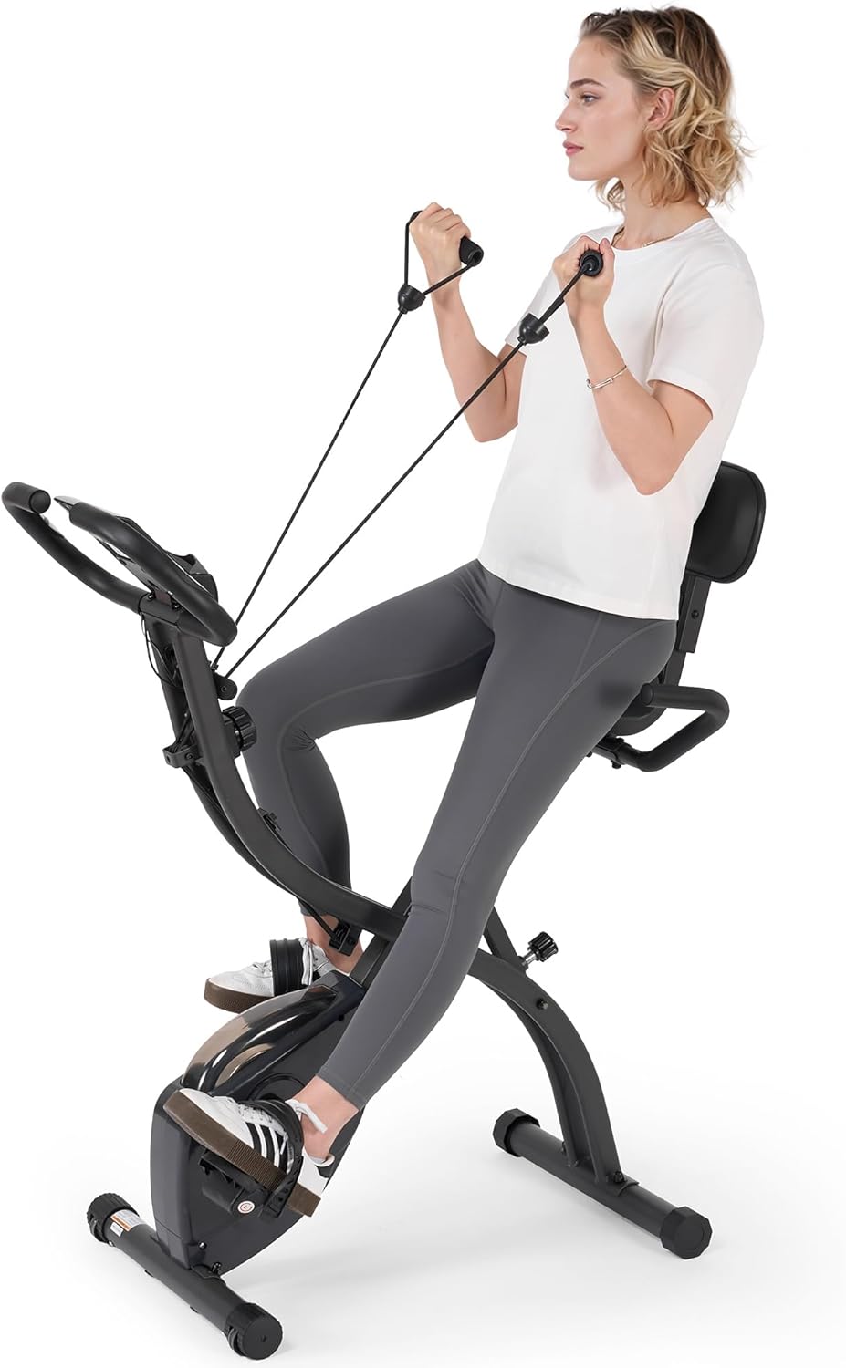 Folding Exercise Bike Stationary Bike Recumbent Exercise bike with 10 Level Adjustable Magentic Resistance and Arm Resistance Band LCD Display Support Backrest Wide Seat 300LB Capacity for Home Workout