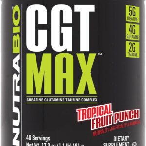 NutraBio CGT-MAX Powder- Creatine, Glutamine and Taurine to Support Muscle Recovery and Strength – 40 Servings – Tropical Fruit Punch…