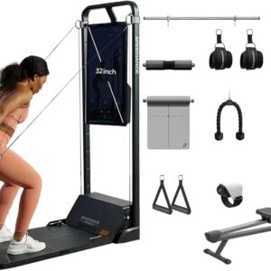Gym Monster Home Gym Machine, 32inch Gym Monster Max & Adjustable Bench & Rowing Bench & Gym Accessories Organizer & Smart PowerGrip Bundle