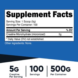 Nutricost Creatine Monohydrate Micronized Powder 500G, 5000mg Per Serv (5g) – 100 Servings, 17.9 Oz