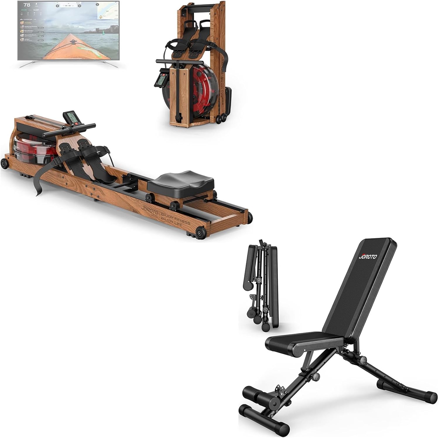 JOROTO Water Rowing Machines for Home Use, Foldable Rower Machine with Bluetooth Monitor & Adjustable Weight Bench 8x4x3x2 Positions- 700 Pounds Load Foldable