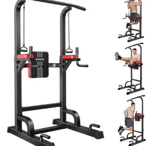 Power Tower Dip Station Pull Up Bar for Fitness Home Gym Workout,Multi-Function Adjustable Height Fitness Strength Training Exercise Equipment,with Power Elastic Ropes (Red Black)