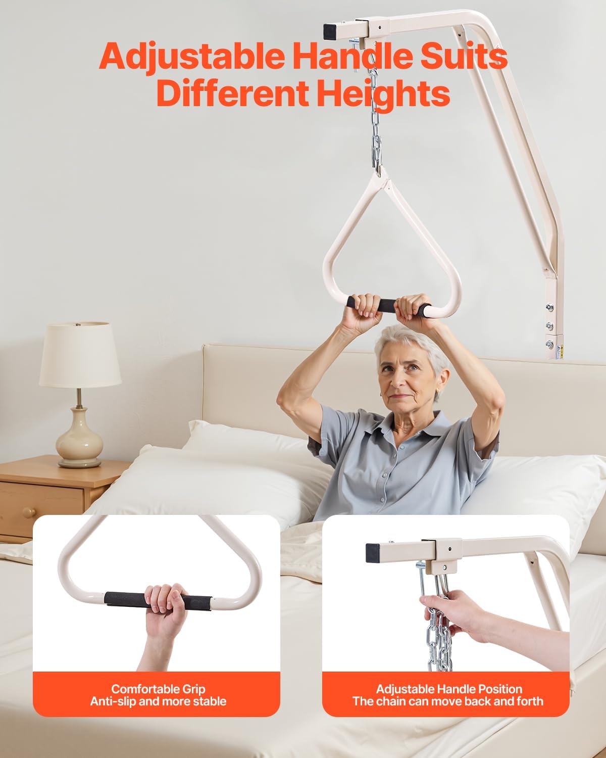 VEVOR Trapeze Bar for Bed Mobility, Medical Bed Trapeze with Clamps & Metal Chain, 250LBS Weight Capacity Beds Pull Up Assist for Elderly & Disabled, Ideal for Home Care, Hospitals, Nursing Homes - Image 4