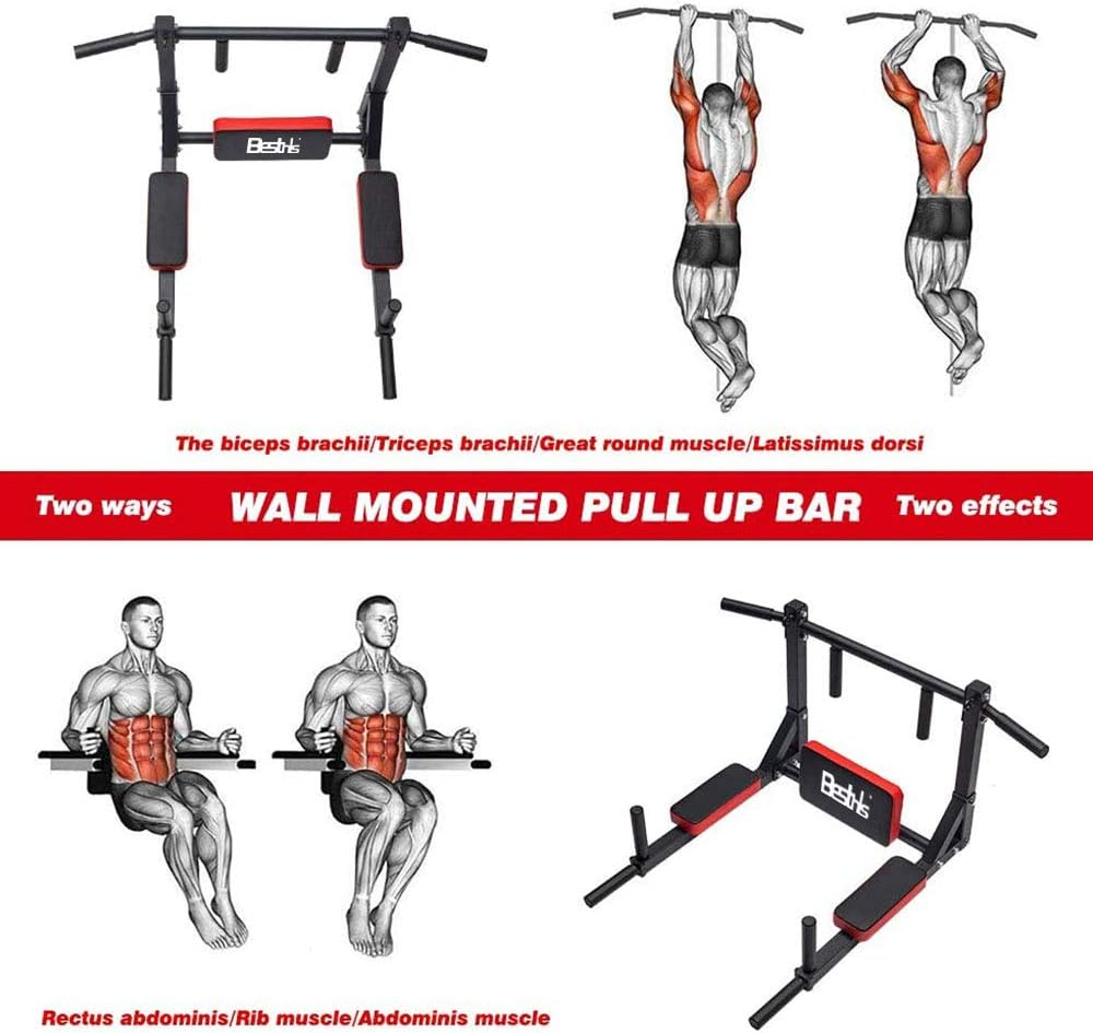BESTHLS Wall Mounted Pull Up Bar and Dip Station, Heavy Duty Wall Mount Pull-up Chin Up Bar Multifunctional Home Gym Workout Indoor Exercise Equipment Support to 440 Lbs - Image 3