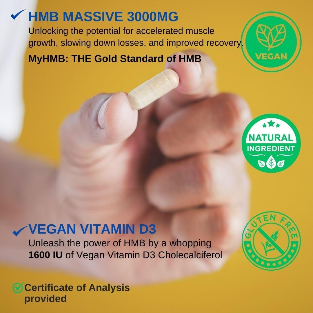 HMB 3000mg and Vitamin D3 Supplement Capsules per Serving *USA Made & Tested* Promotes Muscle Growth & Recovery - HMB Supplement and Vitamin D3 (1600 IU) - 120 Capsules 30 Servings - Image 5