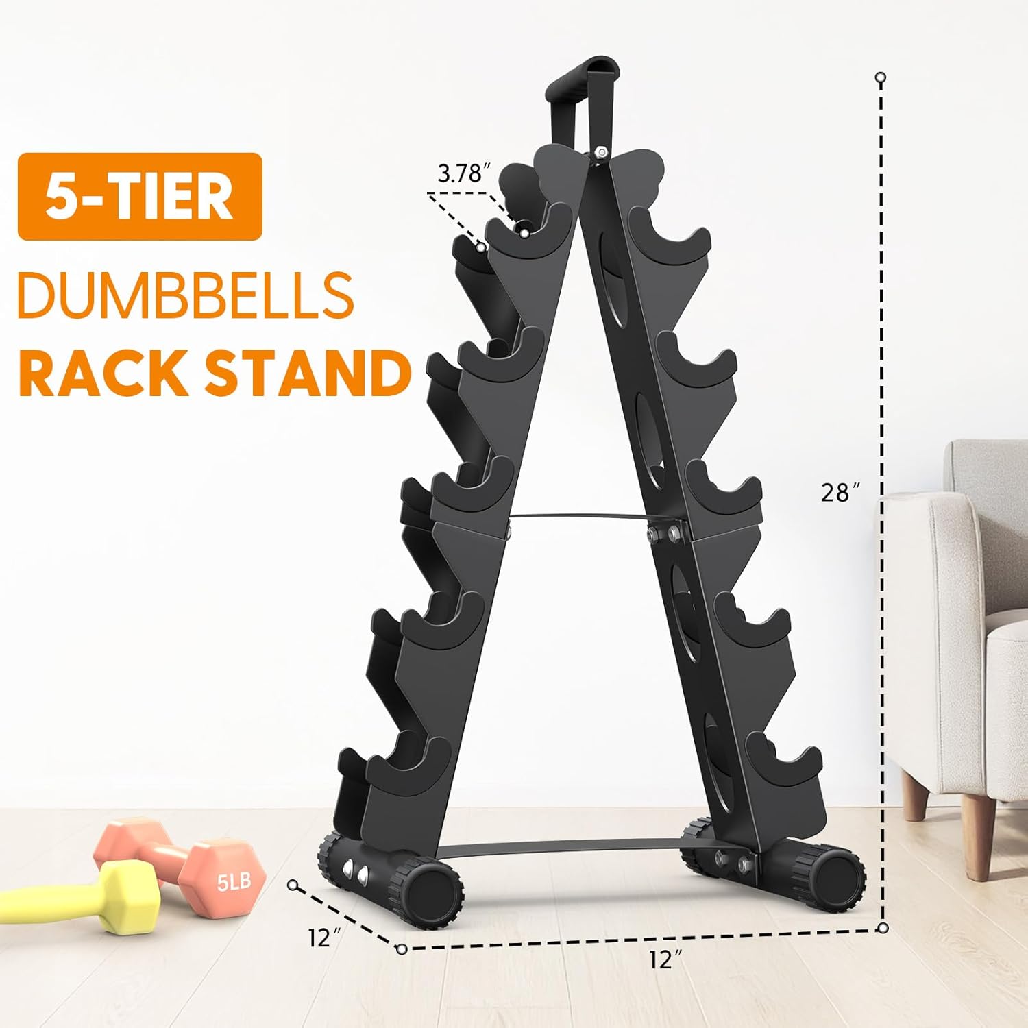 AmazeFan 5 Tier Dumbbell Rack Stand Only, A-Frame Design Weight Rack with Handle, Weights Metal Strength Training Dumbbells Storage Rack for Home Gym Space Saver (Dumbells not Included) - Image 5