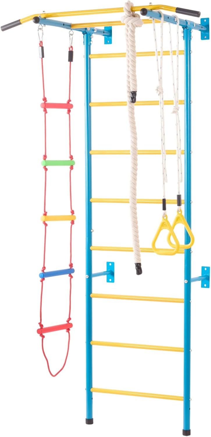 VEVOR Indoor Jungle Gym for Toddlers, 5-in-1 Climbing Playset with Carbon Steel Swedish Ladder, Wall Ladder, Pull-Up Bar, Rope Ladder, and Gymnastic Rings, Supports 220 lbs, Multicolor - Image 9