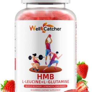 HMB and Leucine Amino Acid Gummies: HMB Supplements for Men Women with L-Glutamine for Muscle Growth Fast Workout Recovery, Sugar Free Vegan Non-GMO Strawberry Flavored 30 Day Supply