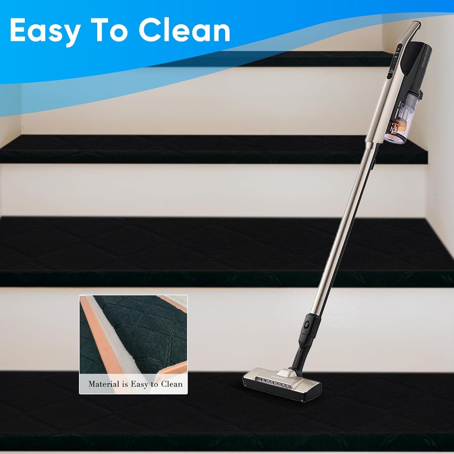 9"X36" Bullnose Stair Treads Carpet Non-Slip for Wooden Steps Indoor, Machine Washable and Reusable with Tape Free Self-Adhesive Back for Pets, Set of 15, Black - Image 4