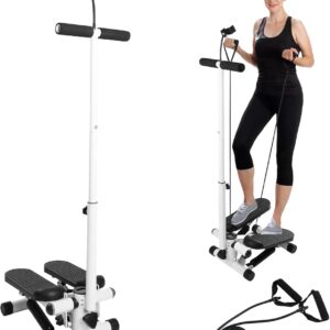 Adjustable Height Stair Stepper with Resistance Bands and LCD Monitor – 330 lb Capacity, Handlebar and Phone Stand for Home Workouts