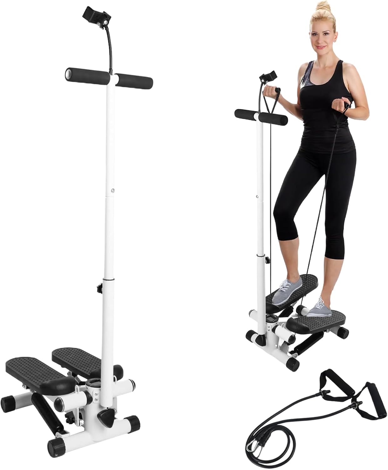 Adjustable Height Stair Stepper with Resistance Bands and LCD Monitor - 330 lb Capacity, Handlebar and Phone Stand for Home Workouts