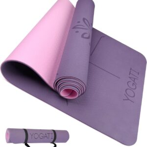 YOGATI® Non Slip Yoga Mat with Alignment Lines. Home Workout Mat for Women, Men and Kids. Thick Yoga Mats with Strap for Pilates and Fitness.