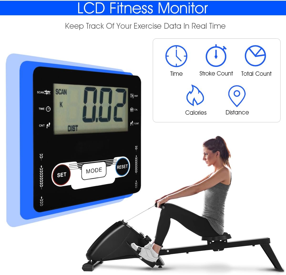Goplus Magnetic Rowing Machine Foldable Exercise Rower with 10-Level Tension Resistance System, LCD Monitor, Transport Wheels, Full Body Exercise for Home - Image 5