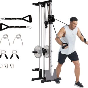 Wall Mount Cable Machine, LAT Pulldown Machines with 19 Positions Dual Pulley System, Cable Crossover Machine with Adjustable Footplate, Weight Workout Equipment Home Gym Station