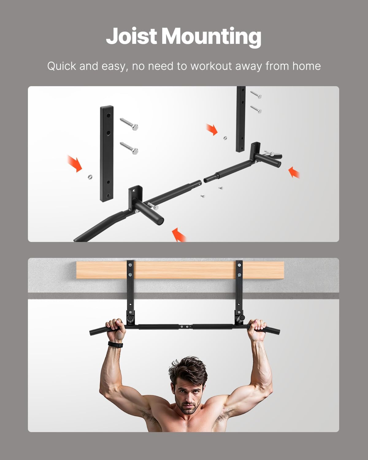 VEVOR Joist Mount Pull Up Bar, Ceiling Mounted Chin Up Bar for Home Gym, Multi-Grip Pull Ups, 42 in Width Multifunctional Training Station, Heavy Duty Steel Upper Body Workout Bars, 440 lbs Capacity - Image 5