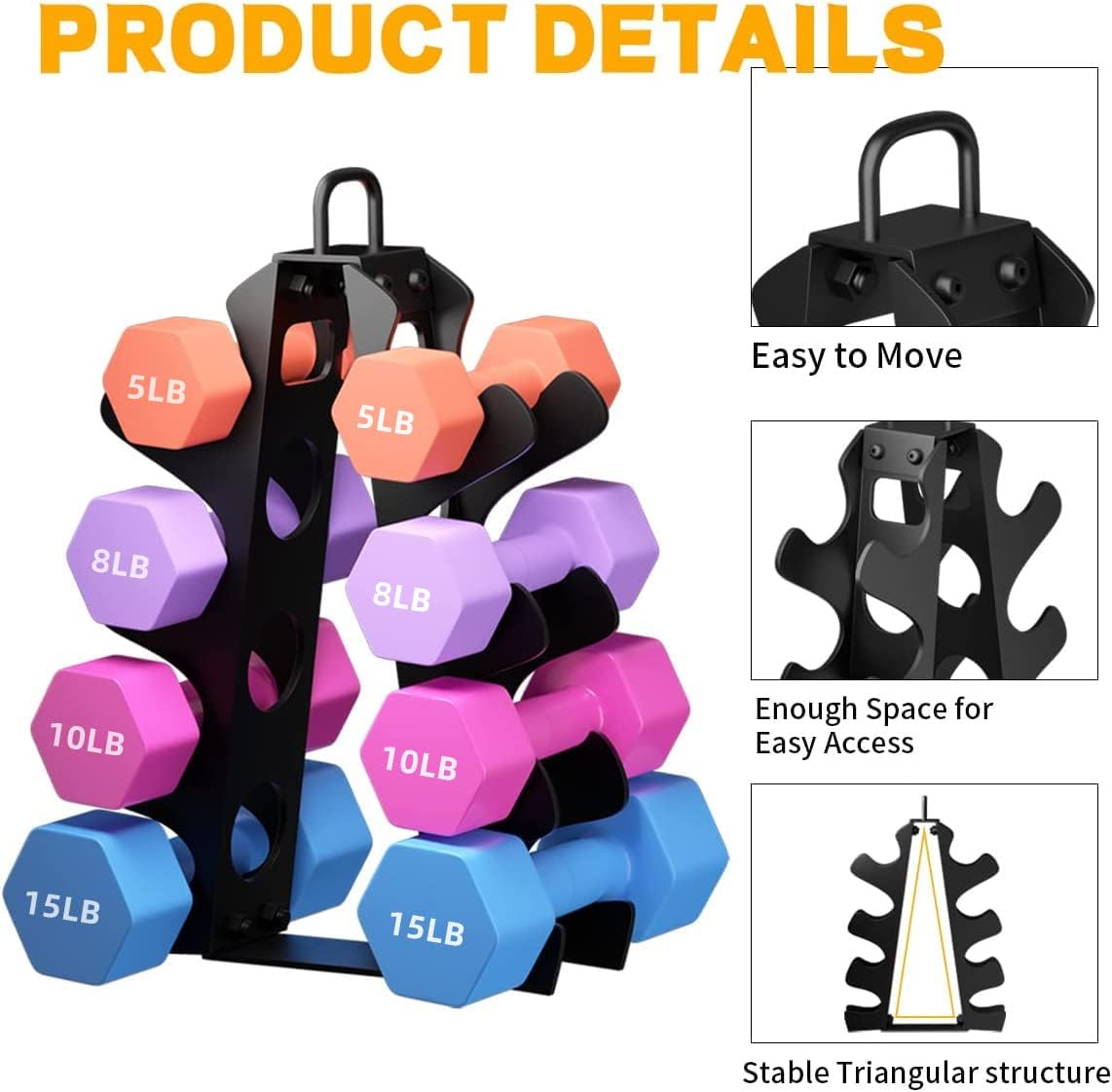 Dumbbell Rack Stand Only(Rack Only, No Dumbbells), Weight Rack for Dumbbells 5-15LB, Upgraded Handle, Compact A-Frame Weight Rack, Suitable for Home Gym - Image 5