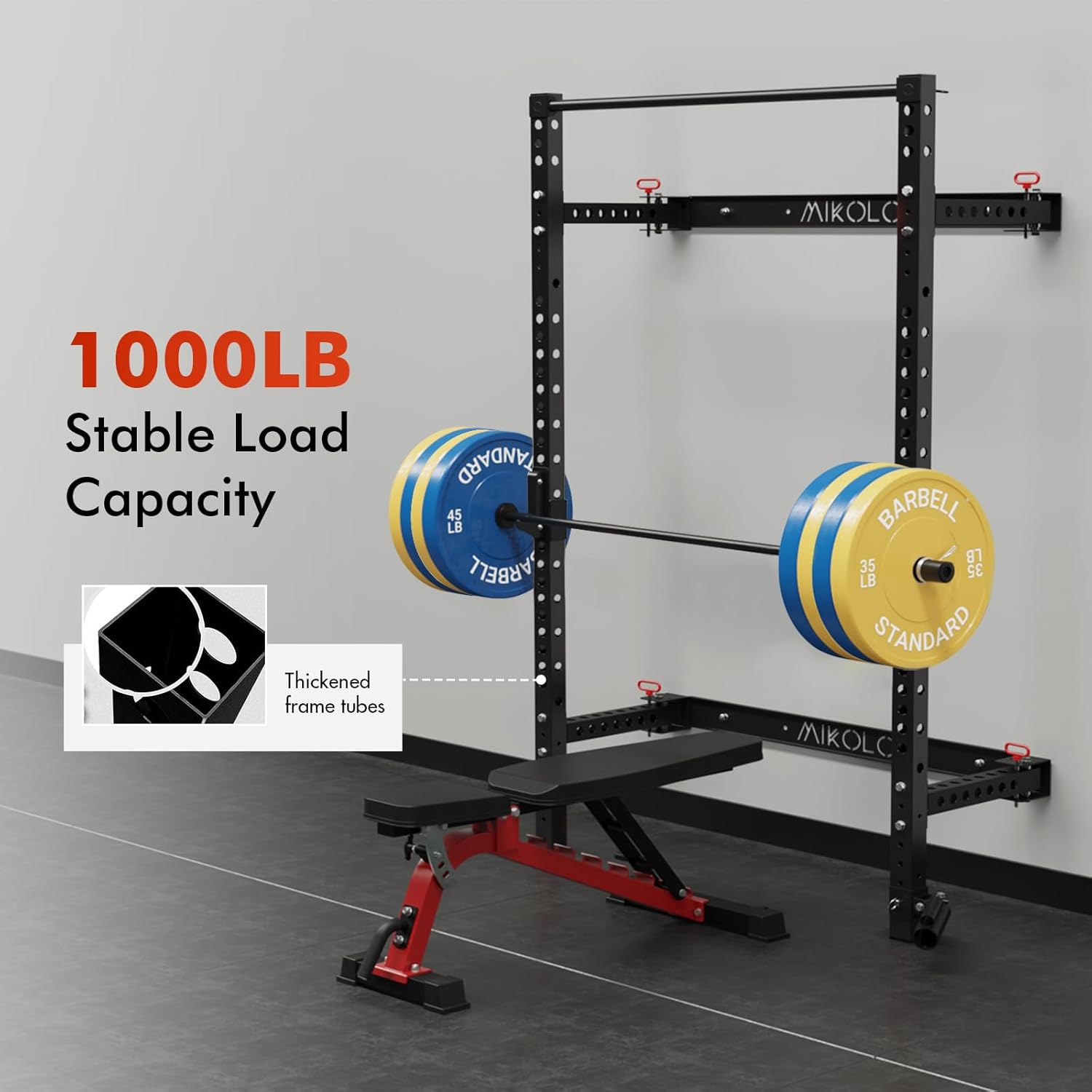 Mikolo 2" x 2" Folding Wall Mounted Squat Rack, 1000 Pounds Capacity Power Rack with Pull Up Bar, J Hooks and Other Attachments, Space-Saving Home Gym - Image 9