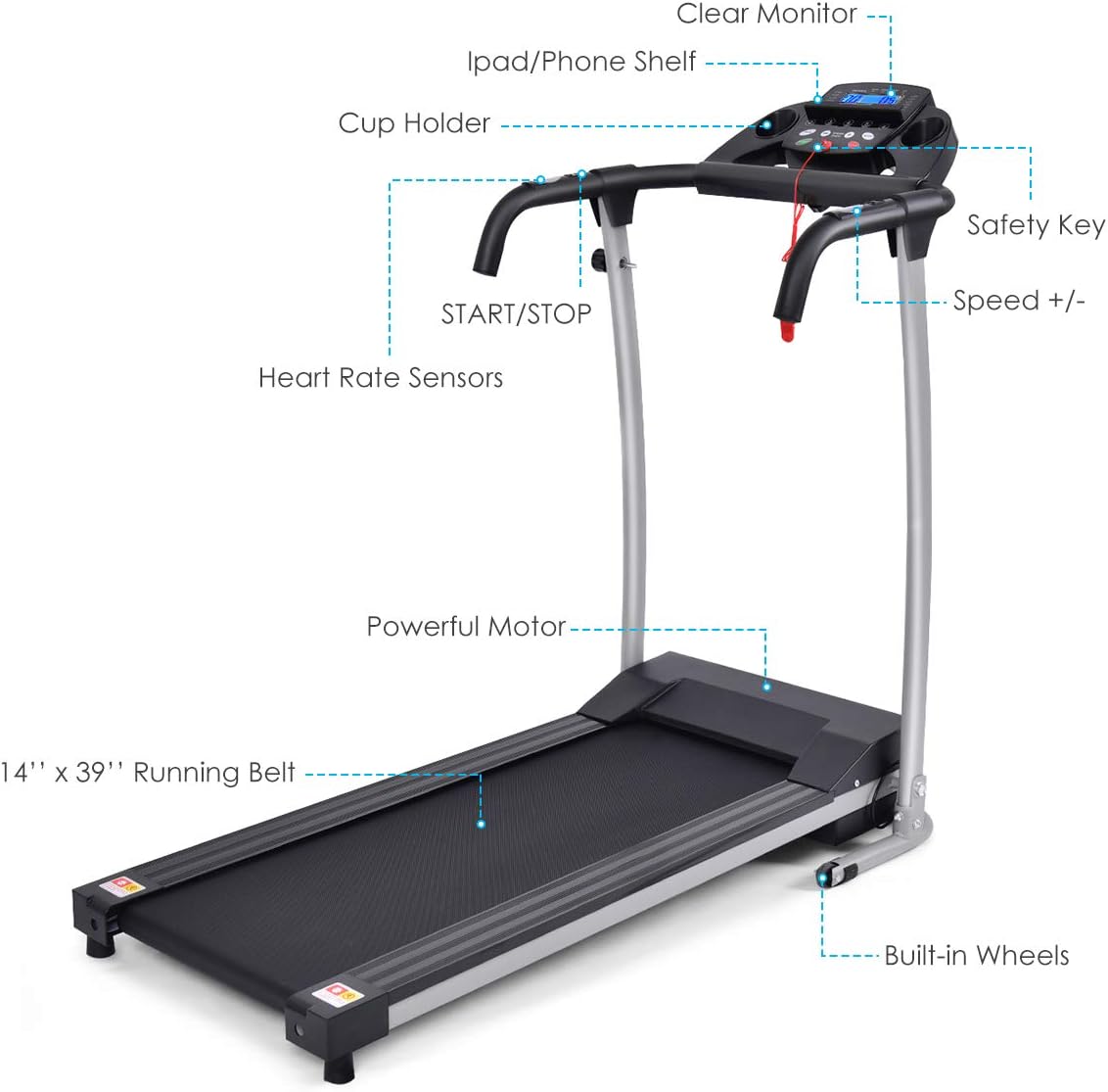 Goplus Foldable Treadmill, Freestanding Portable Treadmill with 12 Preset Programs, LCD Monitor, Built-in Wheels & Pulse Sensor, Folding Compact Treadmills for Home Small - Image 8