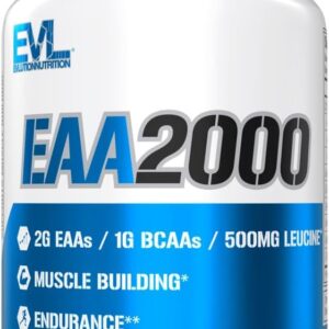Evlution Nutrition EAA2000 – Pre & Post Workout Capsules – Muscle Building + Recovery Supplement – 2g Essential Amino Acids + 1g BCAAs – Endurance + Energy Support – 30 Servings