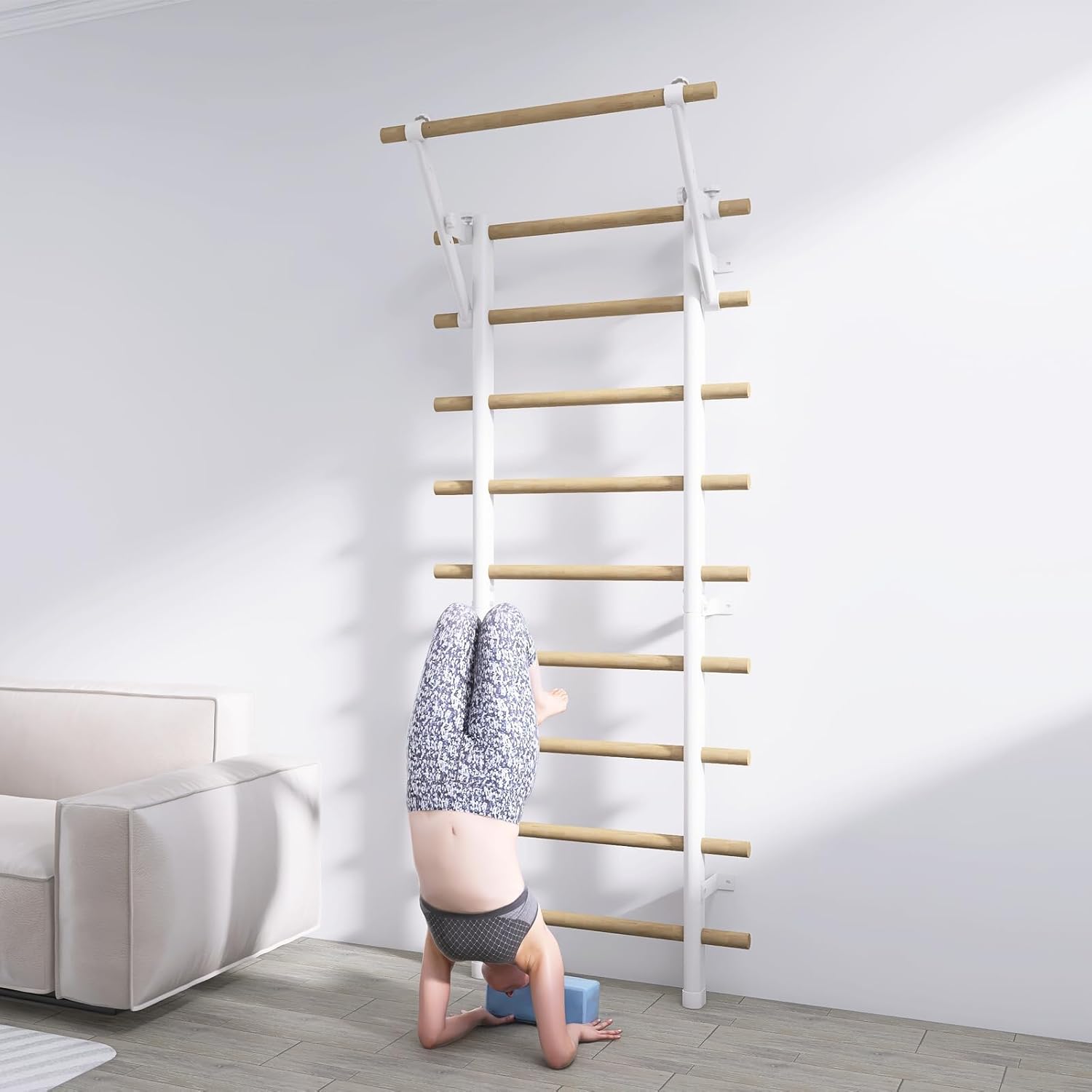 DHT Wood Stall Bar, Swedish Ladder Suspension Trainer with 9 Strategic Rods, for Home, Gym, School and Clinics, White - Image 5