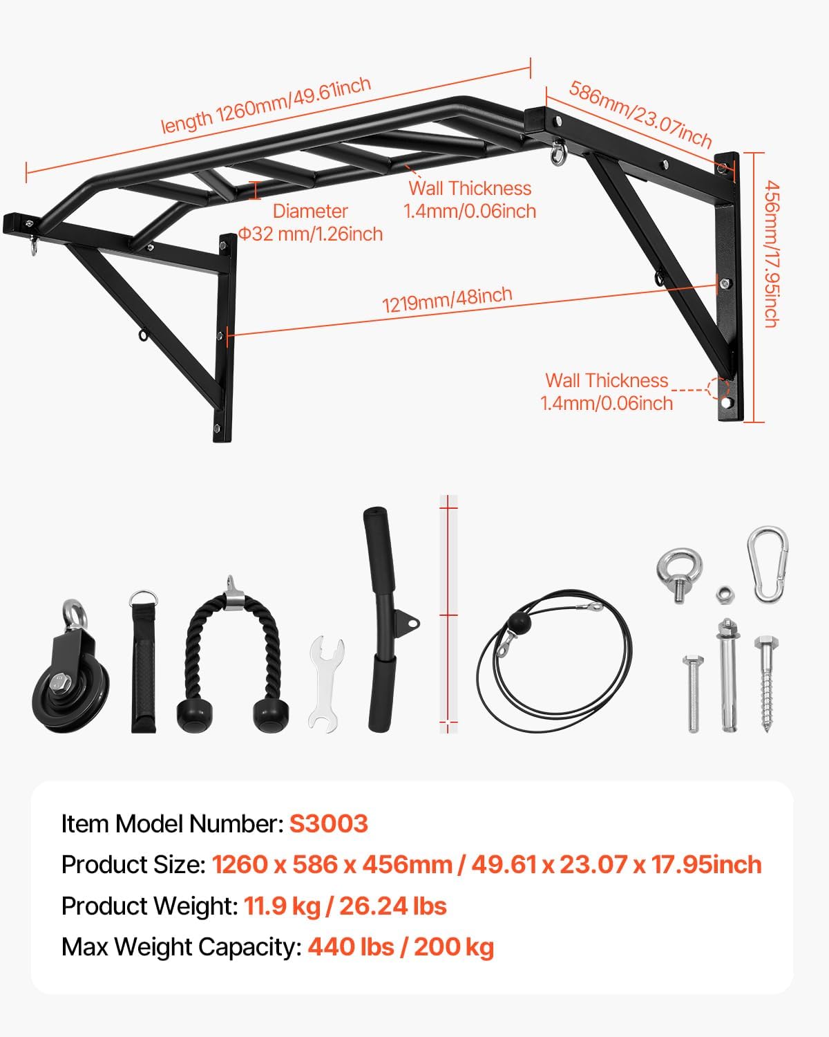 VEVOR Pull Up Bar, Multi-Grip Wall Mounted Pull Ups, 50 in Width Multifunctional Chin Up Training Station, Heavy Duty Steel Upper Body Workout Bars with LAT Pulldown Attachments, 440 lbs, for Home Gym - Image 7