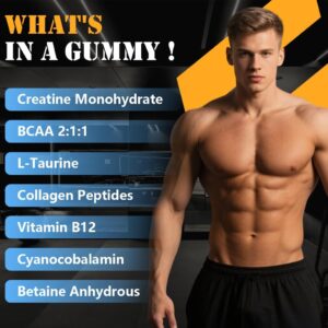 Creatine Monohydrate Gummies for Men & Women – Complex 8000 MG PreWorkout Supplement Creatine Gummy with BCAA, L-Taurine & Vitamin B12 for Muscle Builder, Strength & Energy Boost, 120 Count 1Pack