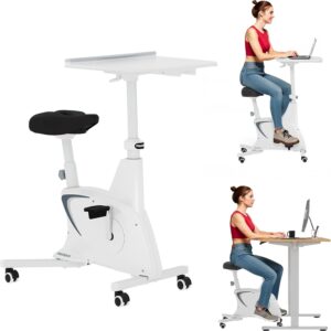 FLEXISPOT Exercise Bike with 2D Desktop, Space Saving Under Desk Bike with Removable Desktop, Upright Indoor Cycling Bikes with 300LBS Weight Capacity Big Seat, Stationary Bikes for Home, White
