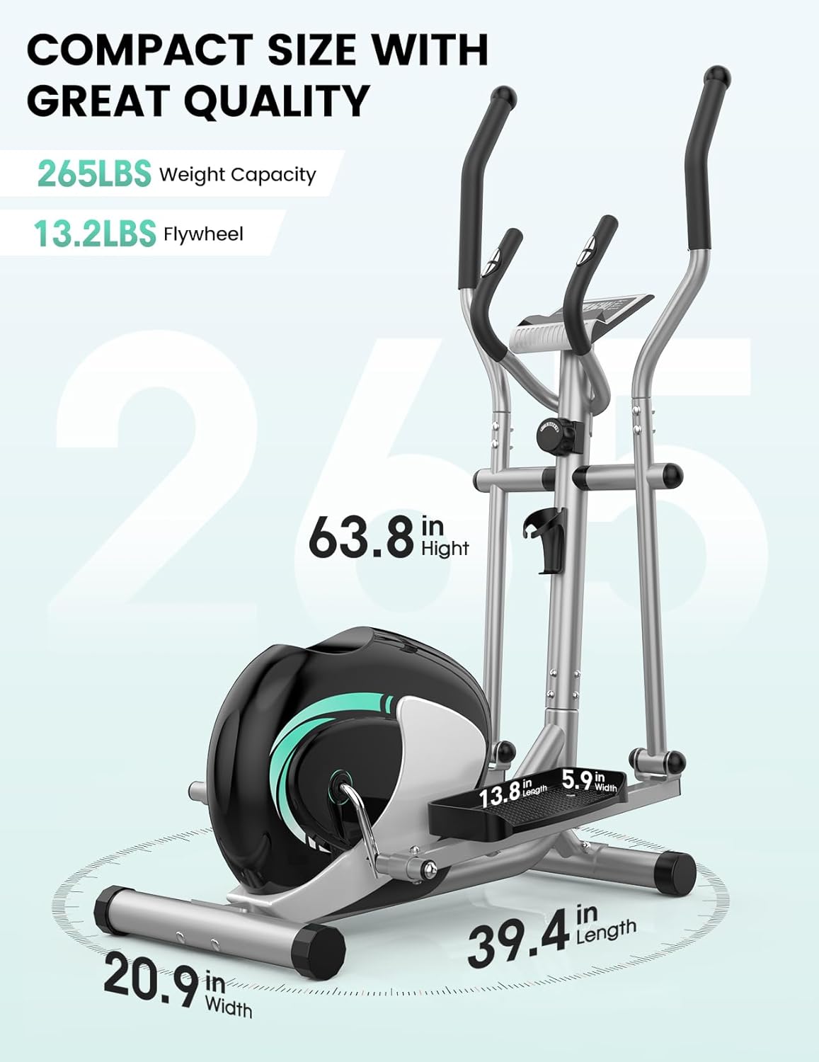 THERUN Elliptical Machine for Home, Magnetic Hyper-Quiet Compact Elliptical Exercise Machine w/ 8 Levels Adjustable Resistance, 6KG Flywheel, Pulse Sensor, LCD Monitor, Bottle Holder - Image 7