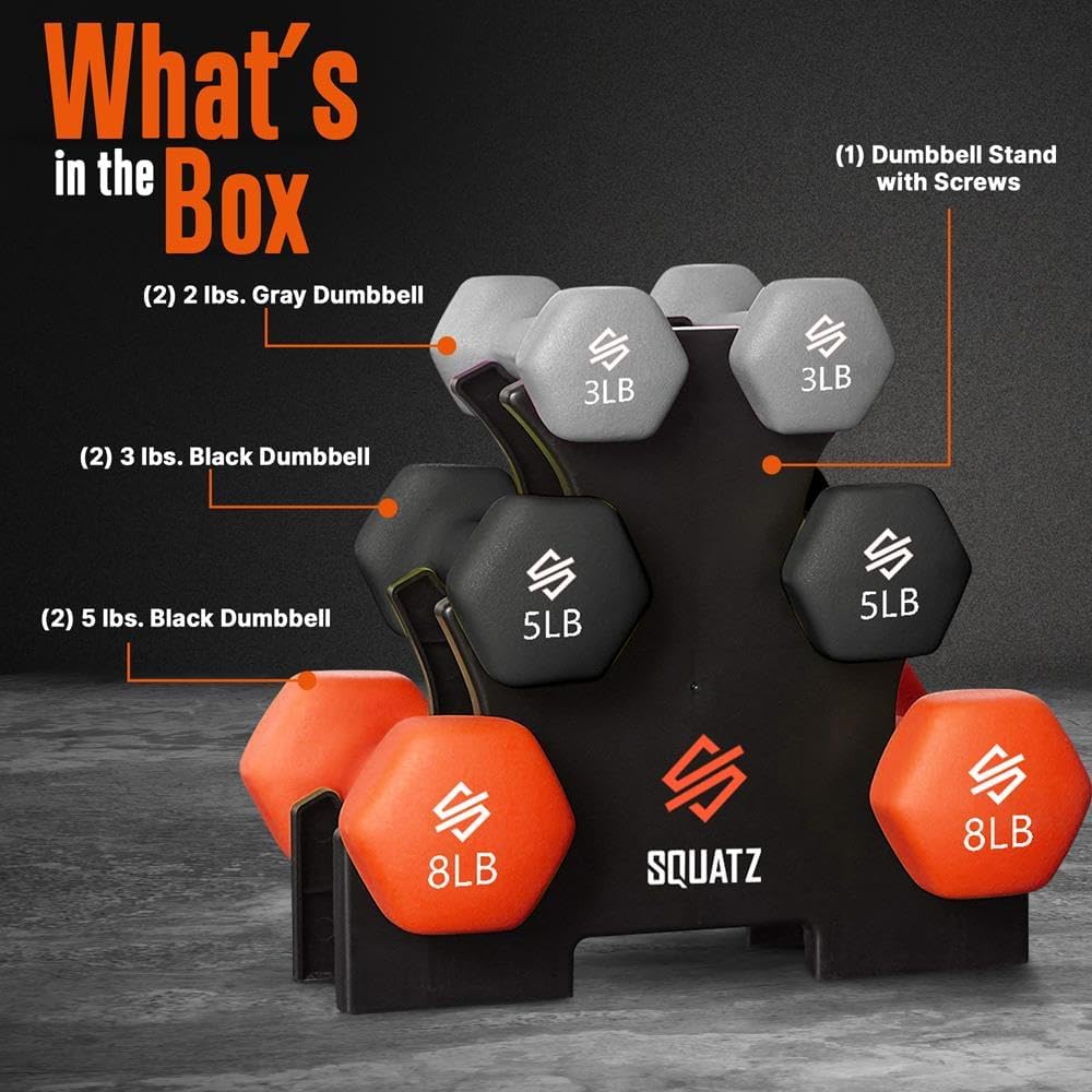 SQUATZ Dumbbell Weights Set with Stand, 32/20 Lbs Neoprene Coated Weights in Color Gray, Black, and Orange, Hex Shape Anti Slip and Roll Dumbbells for Exercise,Training, Fitness, Yoga for Men & Women - Image 2
