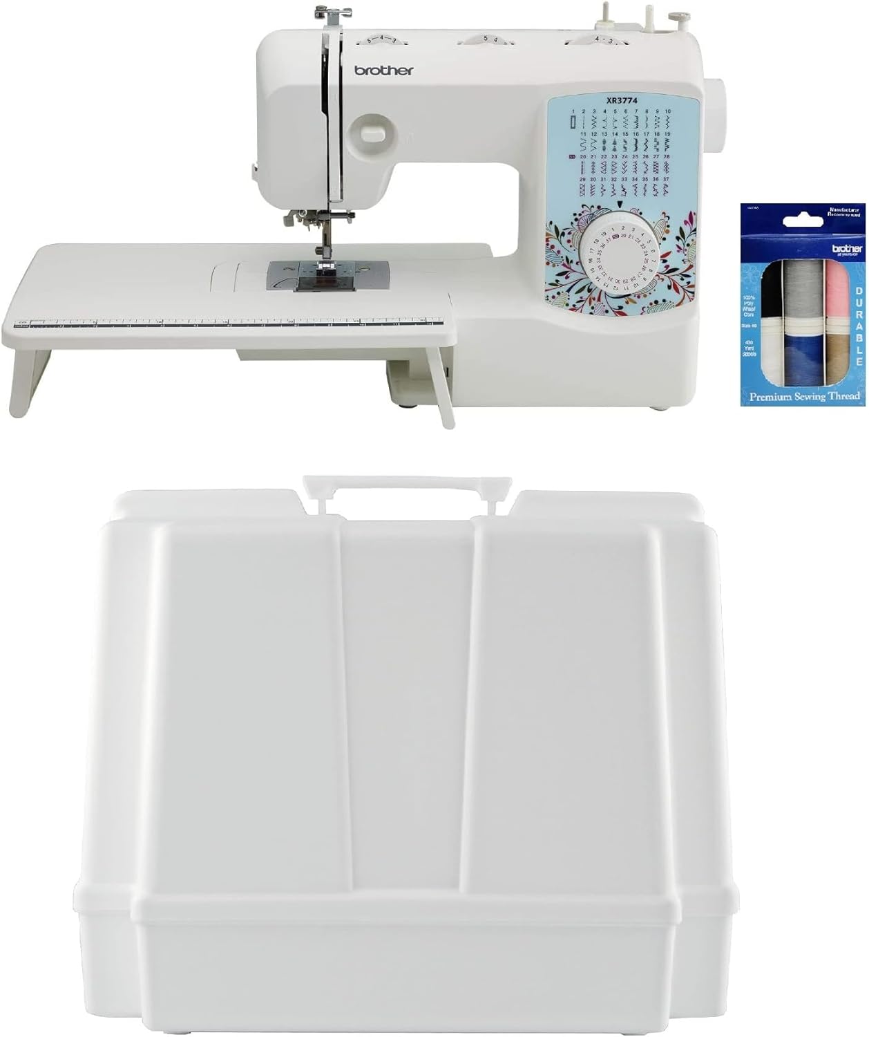 Brother XR3774 37-Stitch Sewing and Quilting Machine with Wide Table, Hard Plastic Storage and Carry Case, Premium Sewing Thread 6-Pack Included