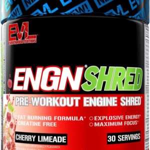 EVL Ultimate Pre Workout Powder – Thermogenic Fat Burner Preworkout Powder Drink for Lasting Energy Focus and Stamina – ENGN Shred Intense Fat Burning Creatine Free Preworkout Drink – Cherry Limeade