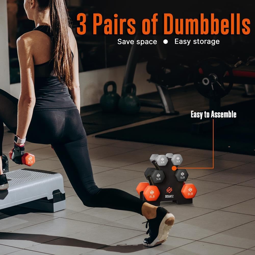 SQUATZ Dumbbell Weights Set with Stand, 32/20 Lbs Neoprene Coated Weights in Color Gray, Black, and Orange, Hex Shape Anti Slip and Roll Dumbbells for Exercise,Training, Fitness, Yoga for Men & Women - Image 5