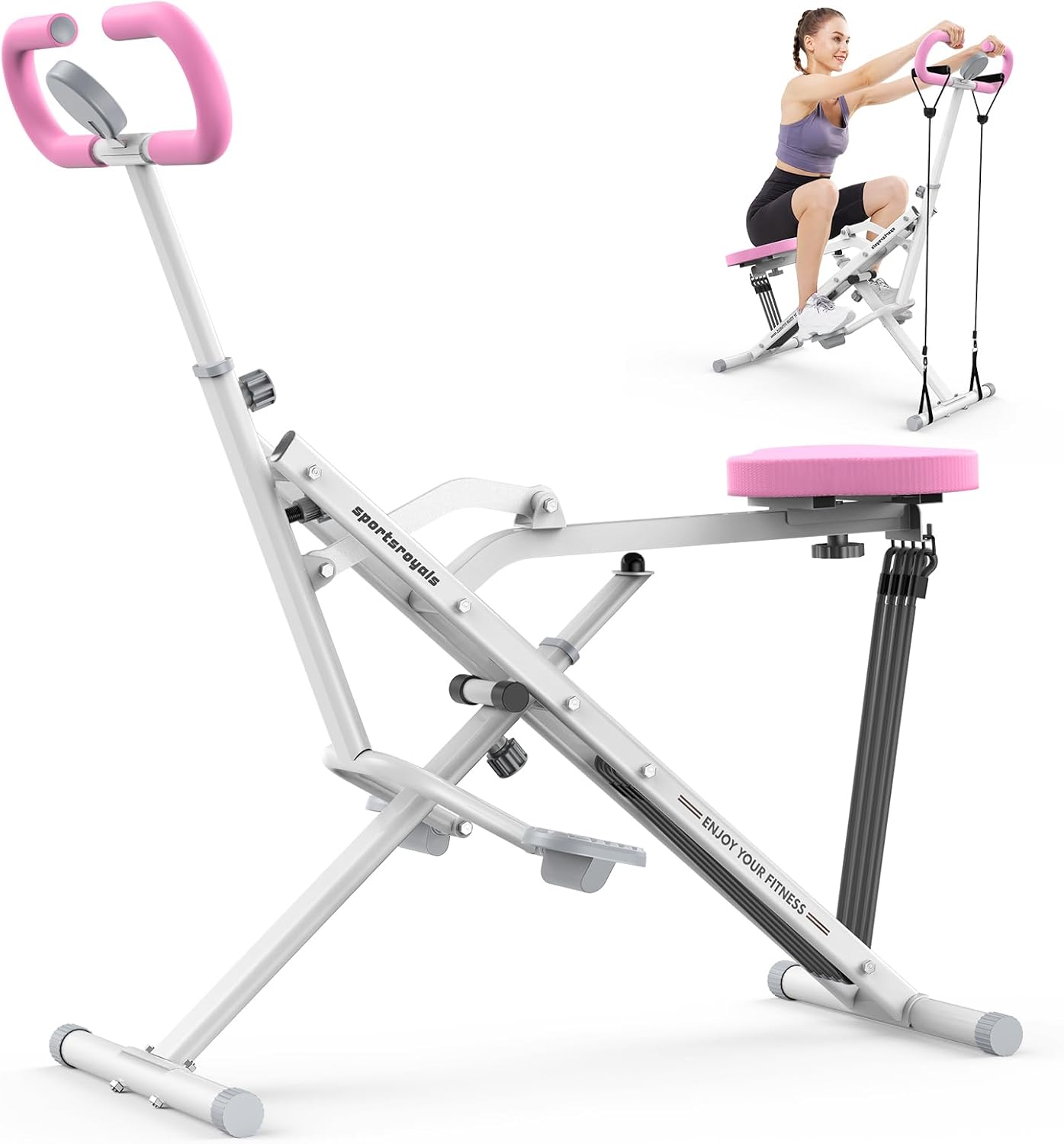 Sportsroyals Pink Squat Machine Rowing Machine for Home 2 in 1 Rower & Squat Assist Workout Foldable Rower for Home Full Body Worikout Adjustable 4 Resistance Bands 330lbs