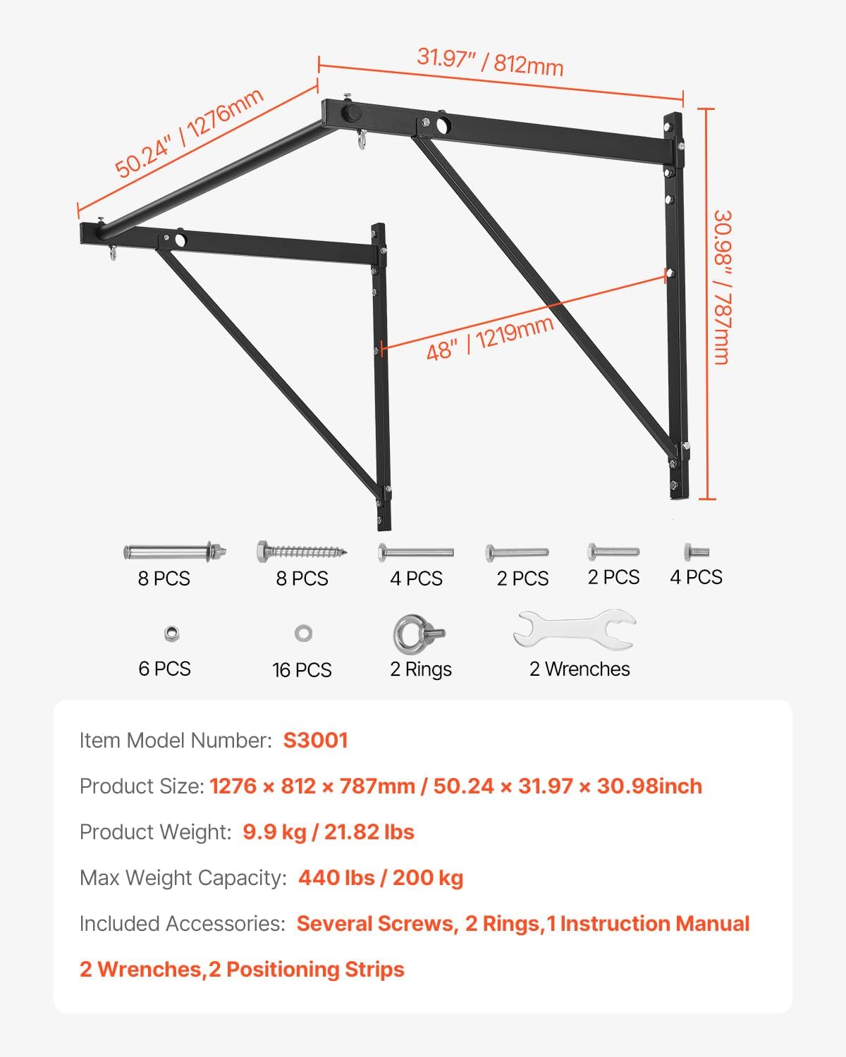 VEVOR Pull Up Bar, 50 in Width Wall Mounted Pull Ups, Adjustable Depth 22" or 30" from Wall, Heavy Duty Steel Upper Body Workout Bars, 440 lbs Weight Capacity Chin Up Training Station, for Home Gym - Image 7