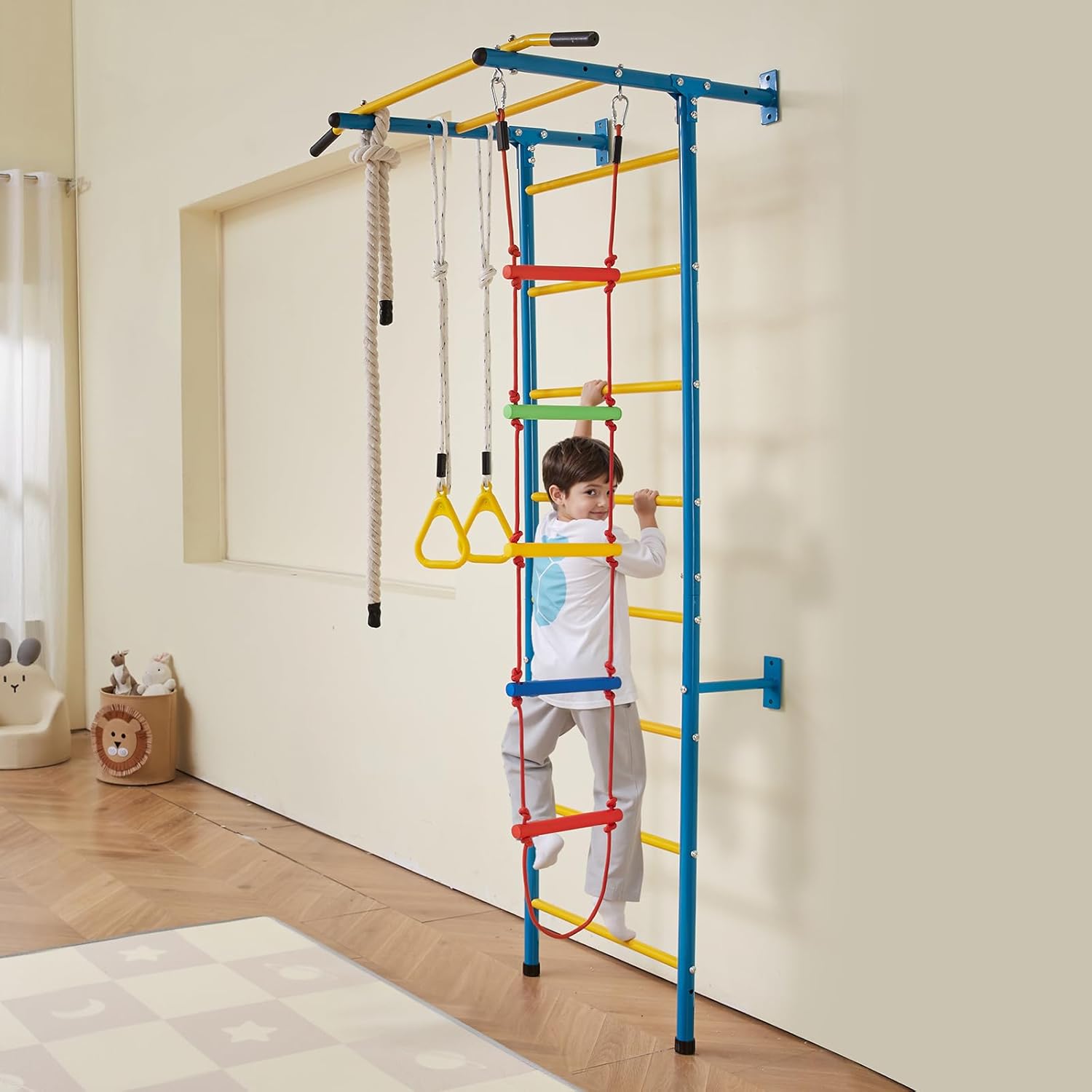 VEVOR Indoor Jungle Gym for Toddlers, 5-in-1 Climbing Playset with Carbon Steel Swedish Ladder, Wall Ladder, Pull-Up Bar, Rope Ladder, and Gymnastic Rings, Supports 220 lbs, Multicolor - Image 8