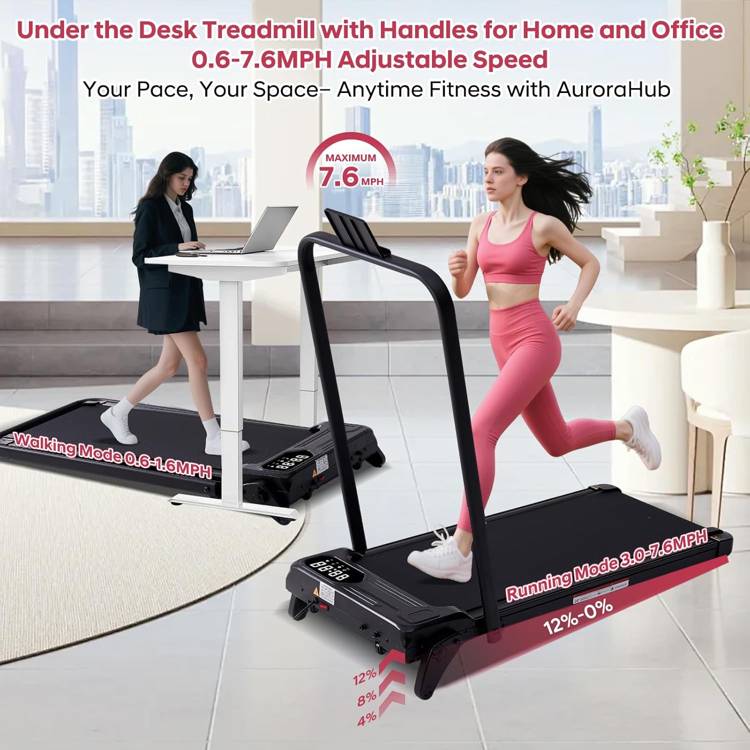 Foldable Walking Pad Treadmill with Adjustable Incline and Handle Bar, 3.5HP Portable Folding Treadmills for Home Small, 4 in 1 Under The Desk Electric Treadmill with Handles, 0.6-7.6MPH, 350LBS - Image 5