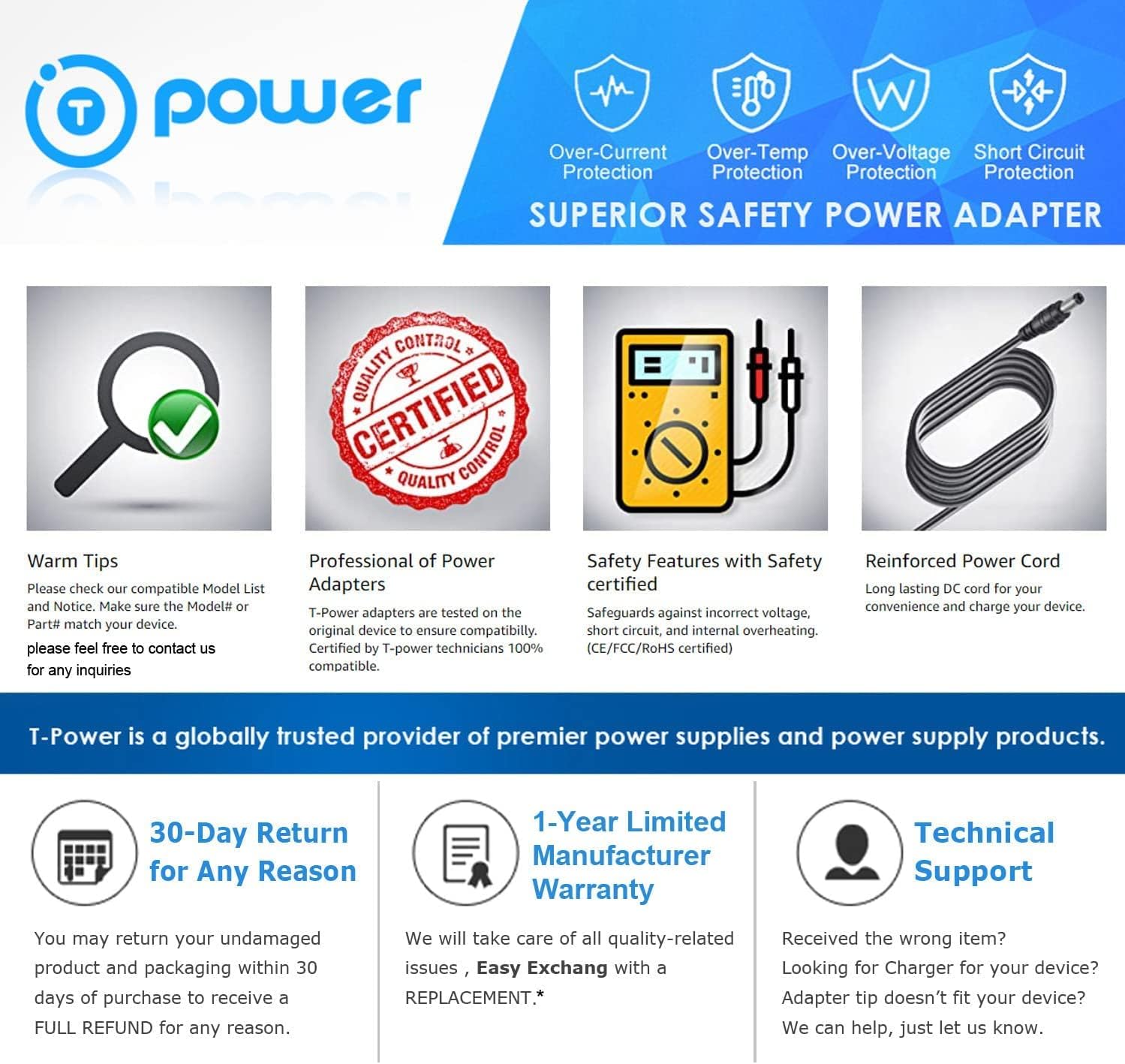 T-Power for NordicTrack AudioStrider 600 CX650 800 CX920 CX938 CX1000 E4400 Elliptical Trainer NTEL77060 NTEL77061 NTEL77062 Audiostrider 990 Pro, Elite Ac Dc Adapter Charger Power Supply - Image 2