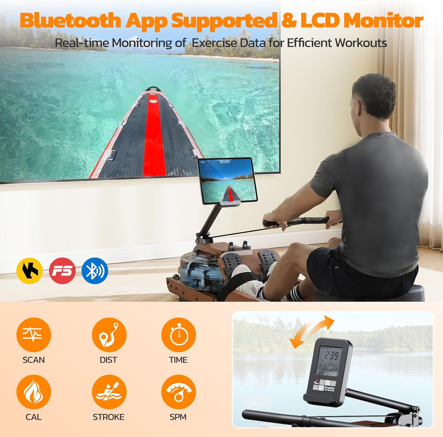 Dripex Rowing Machines for Home Foldable, Water Rowing Machine Max 350 LBS, Water Rower with Smooth Slide Rail, Comfortable Seat, Bluetooth App Supported, LCD Monitor, Wooden Row Machine for Home Gym - Image 6