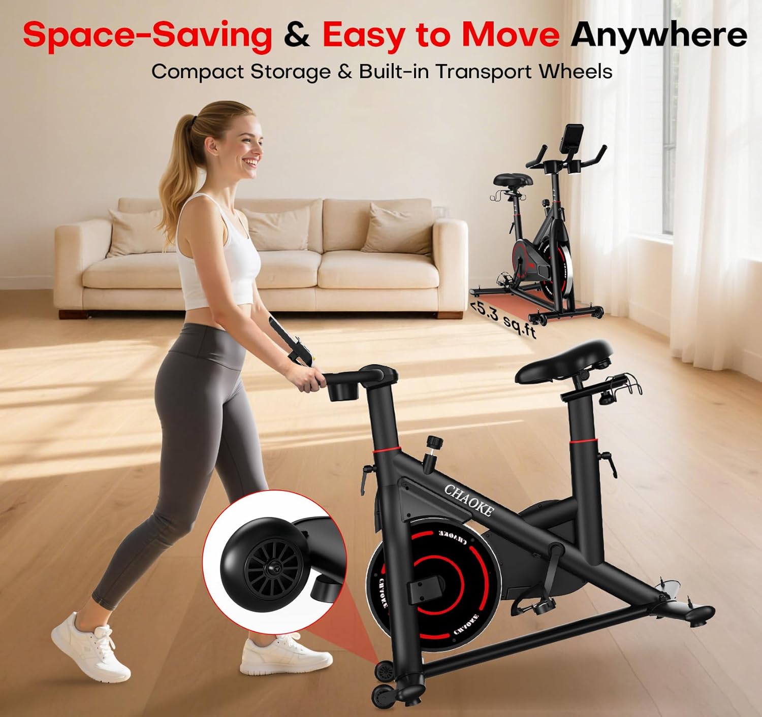 Exercise Bike, CHAOKE Quiet Magnetic Resistance 300LB Capacity Stationary Bike for Home with App Compatible, Indoor Bike with Comfortable Seat and Digital Display - Image 9