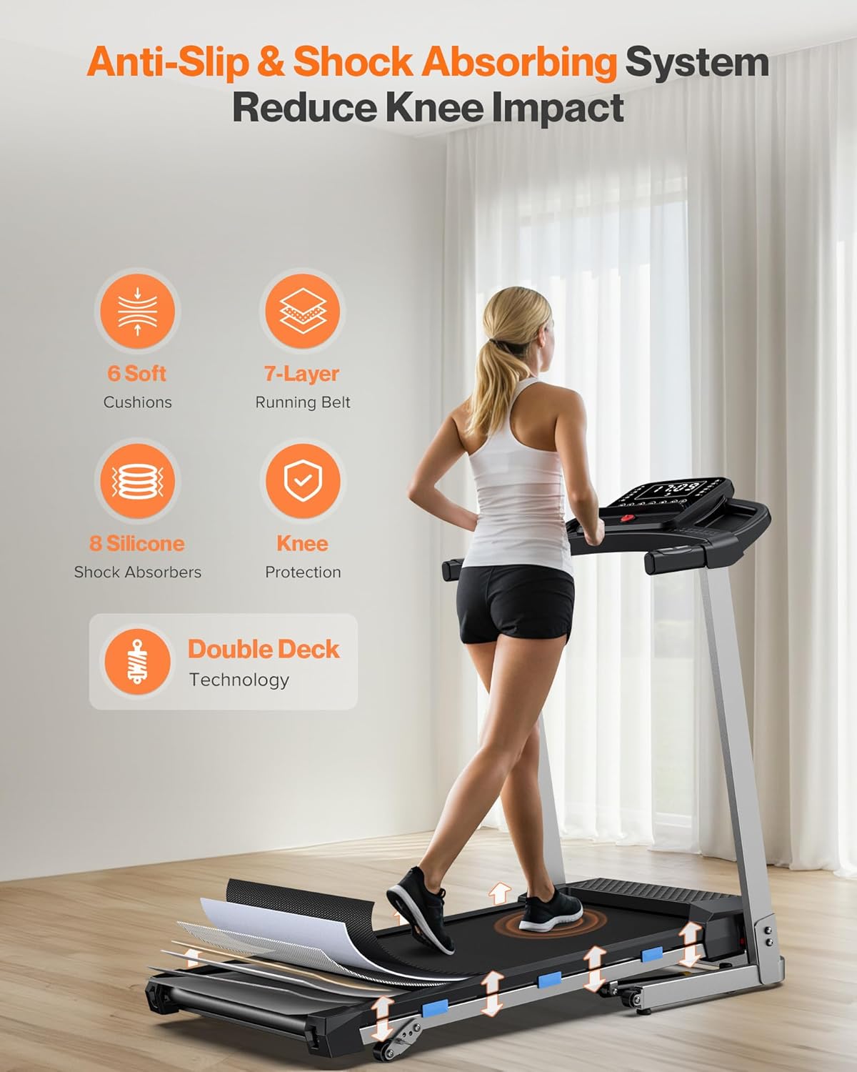 Folding Treadmill with Incline, 3.0 HP Quiet Treadmills for Home, 350 lbs Weight Capacity & 7.6 MPH, Incline Treadmill with Pulse Sensor and Bluetooth Speaker, Wide Belt, App, LED Display - Image 2
