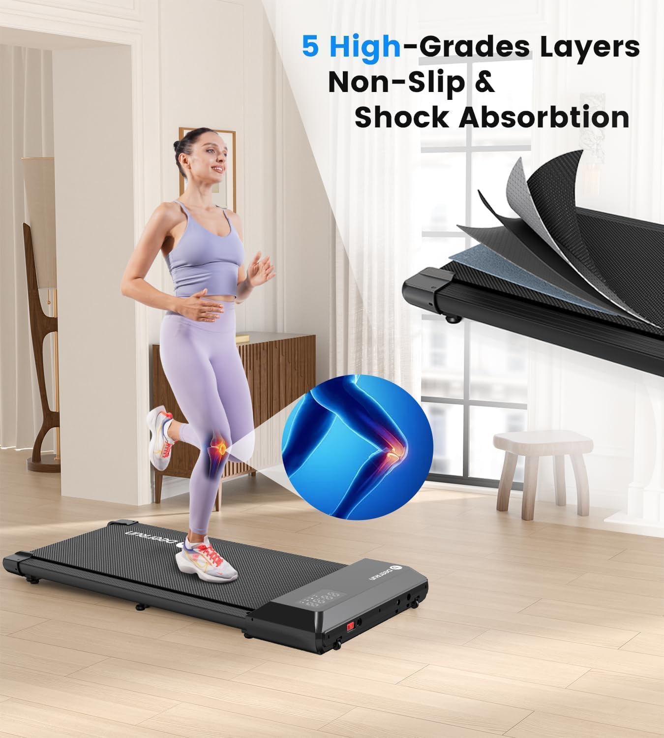 DeerRun Walking Pad 2 in 1 Under Desk Treadmill, 2.5HP Low Noise Walking Pad Running Jogging Machine with Remote Control for Home Office, Lightweight Portable Desk Treadmill Installation Free - Image 5